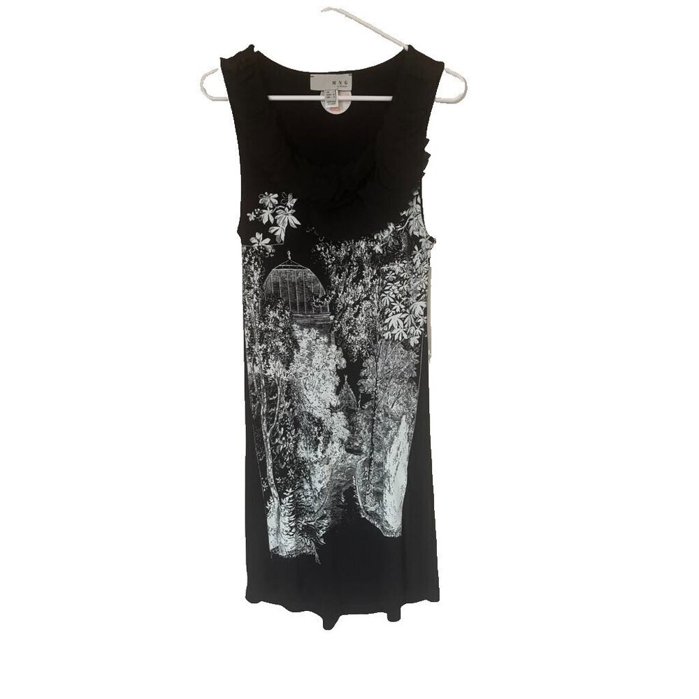 MNG by Mango Dress Womens Size Medium Black White Ruffle Neck Tank Sleeveless